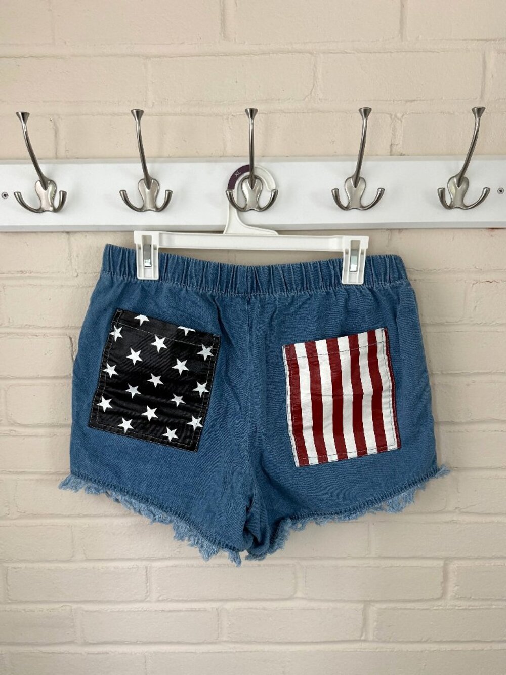 Stretch Drawstring Waist Jean Shorts with Patriotic Pockets | Large